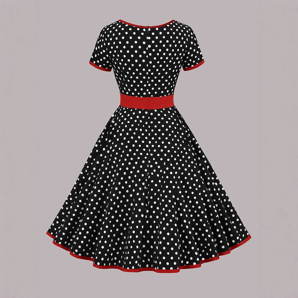 Women's multicolor polka dot dress with square collar, front zipper, and pleated skirt