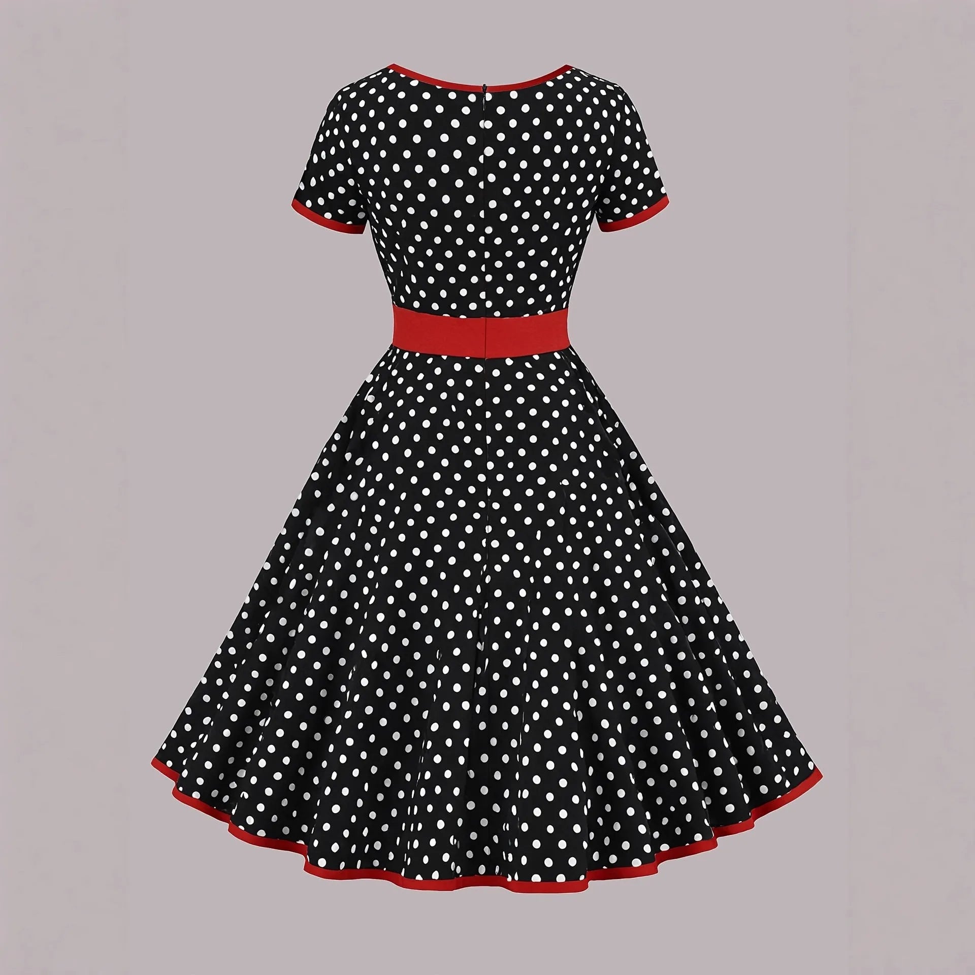 Women's multicolor polka dot dress with square collar, front zipper, and pleated skirt