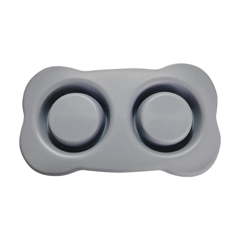 Large silicone pet feeding mat with two stainless steel bowls in silver grey colour
