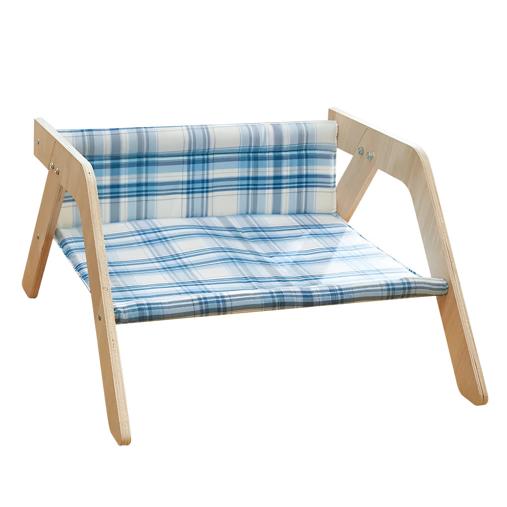 Wooden frame elevated cat bed with cloth hammock in beach chair design for indoor cats