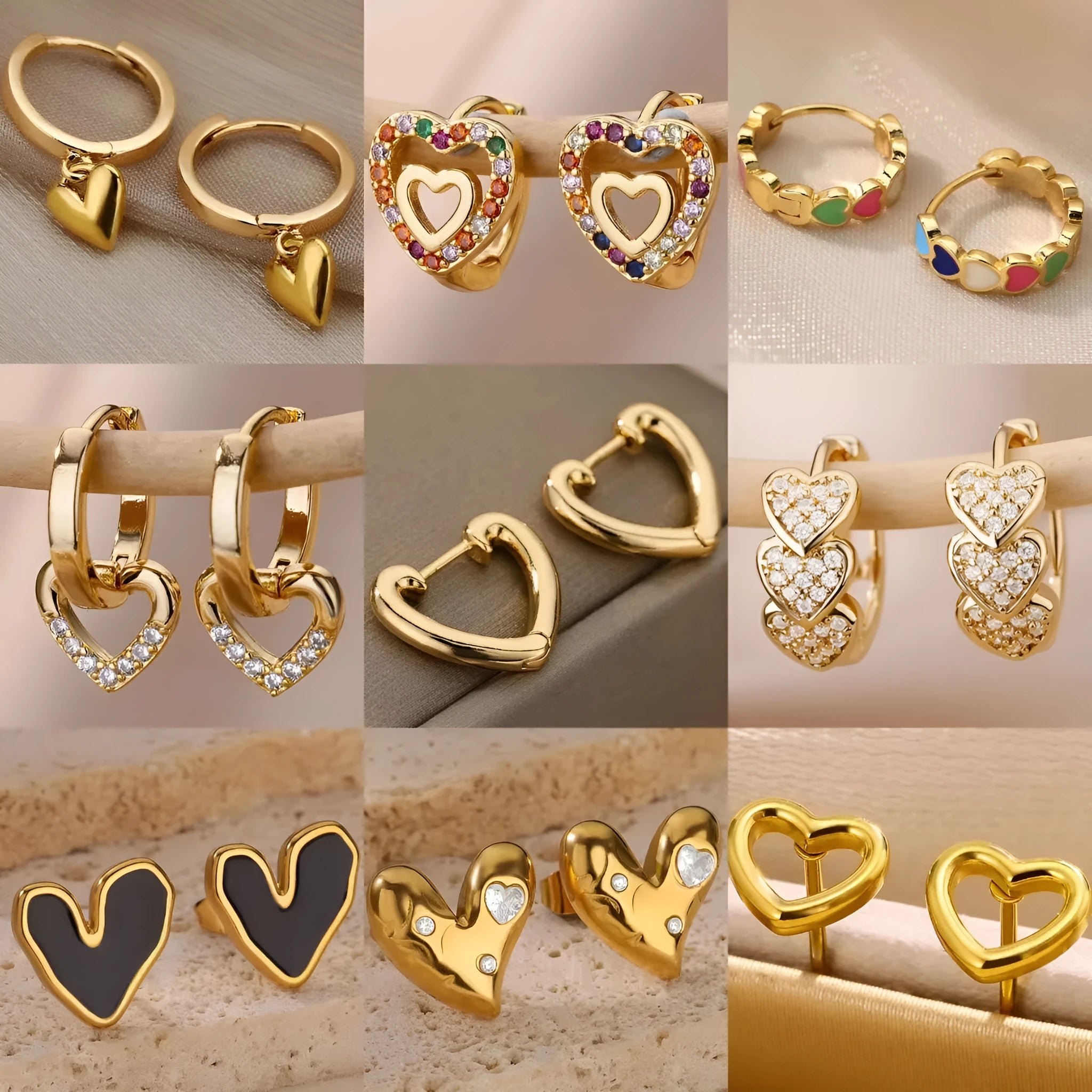 Gold and clear heart-shaped clip-on earrings with a zircon stone on a white background.
