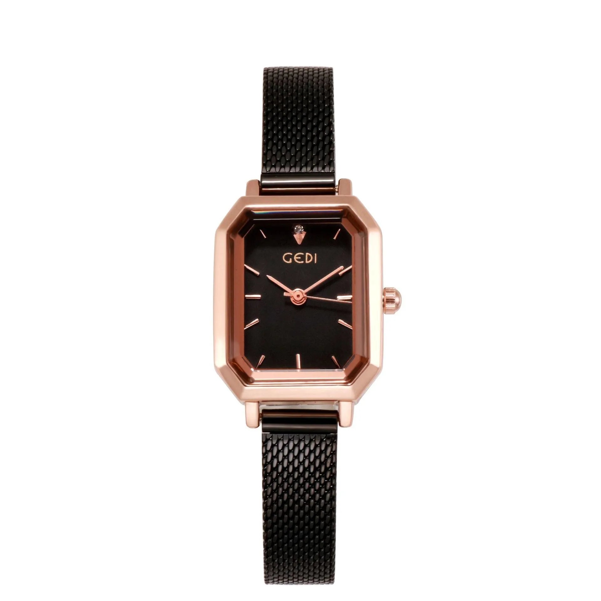 Women's square retro casual watch with rose shell case and thin 8mm profile on wrist.