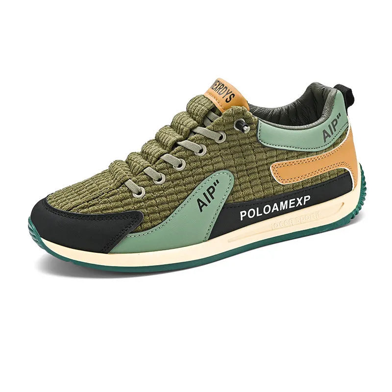 Men's green and grey mesh running shoes with round toe design and front lace-up closure