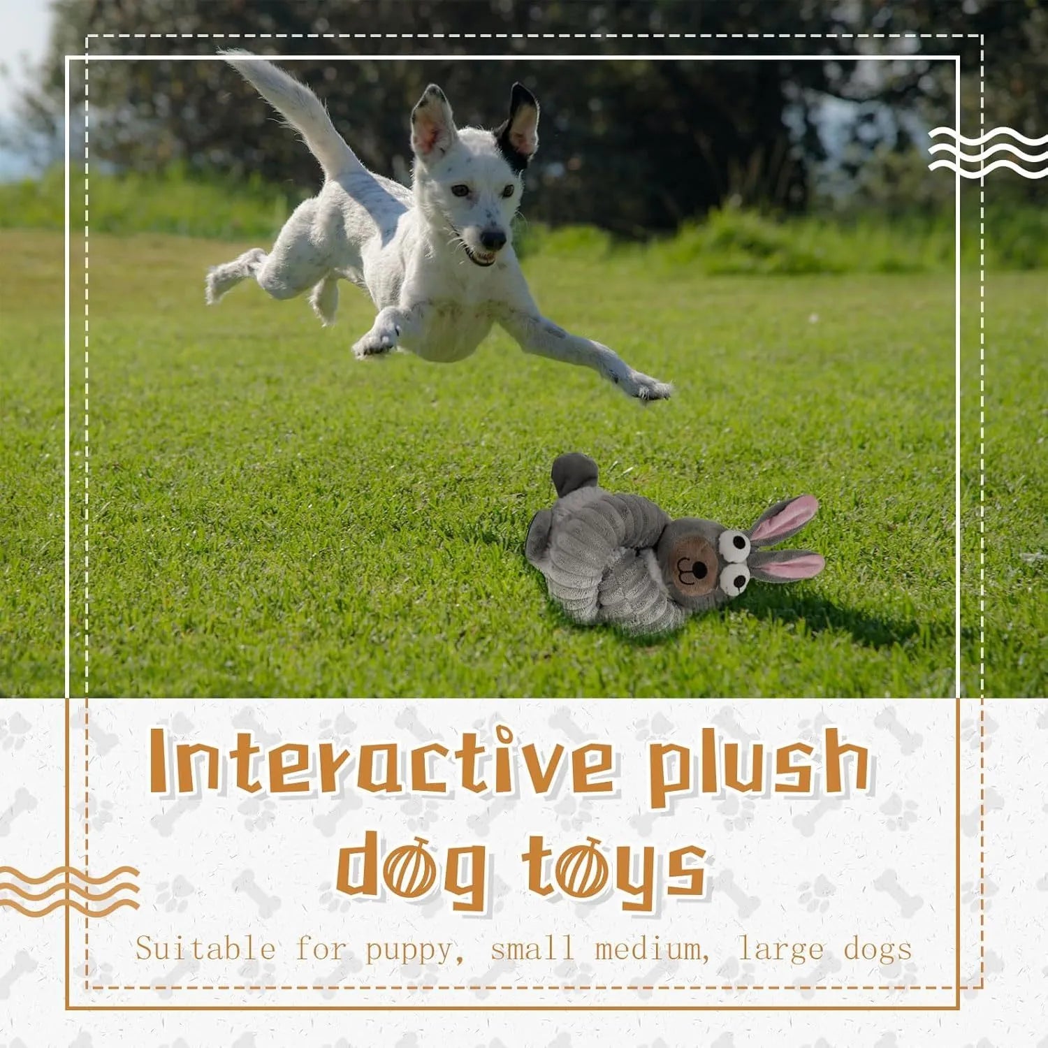 Brown, grey and yellow plush squeaky dog toys with crinkle sounds and foldable design