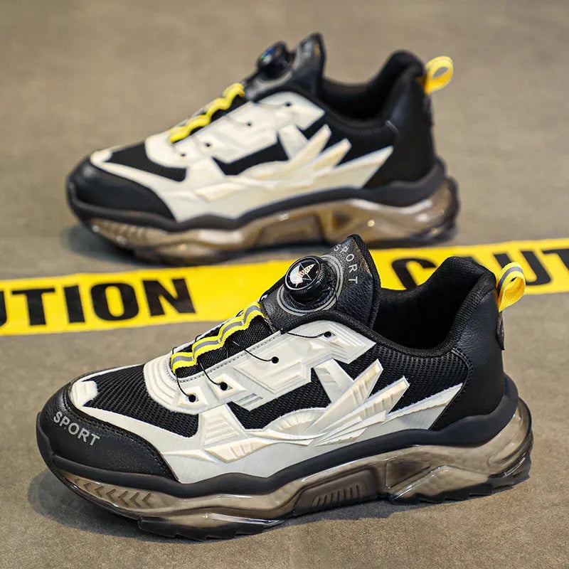 Men's black rotating button dad shoes with mesh upper and platform sole