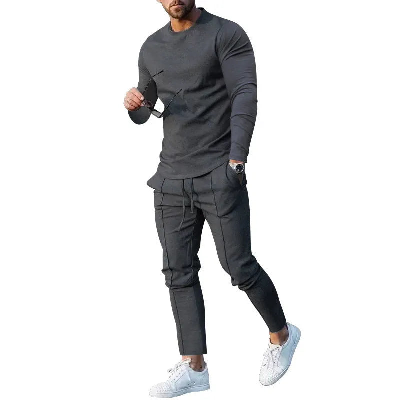Men's light grey two-piece casual suit set with long sleeve round neck T-shirt and trousers