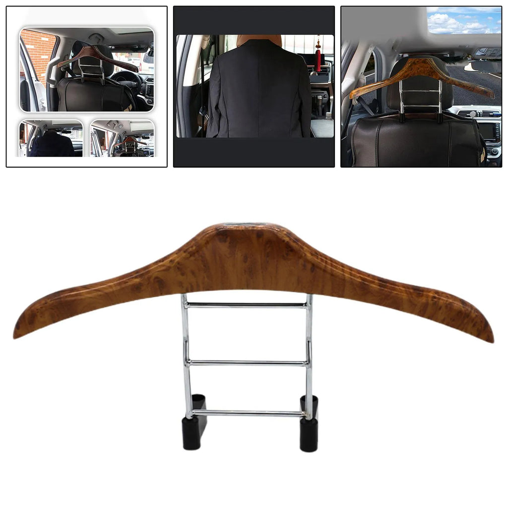 Wood yellow stainless steel car clothes hanger for suits and shirts, showing detachable design.