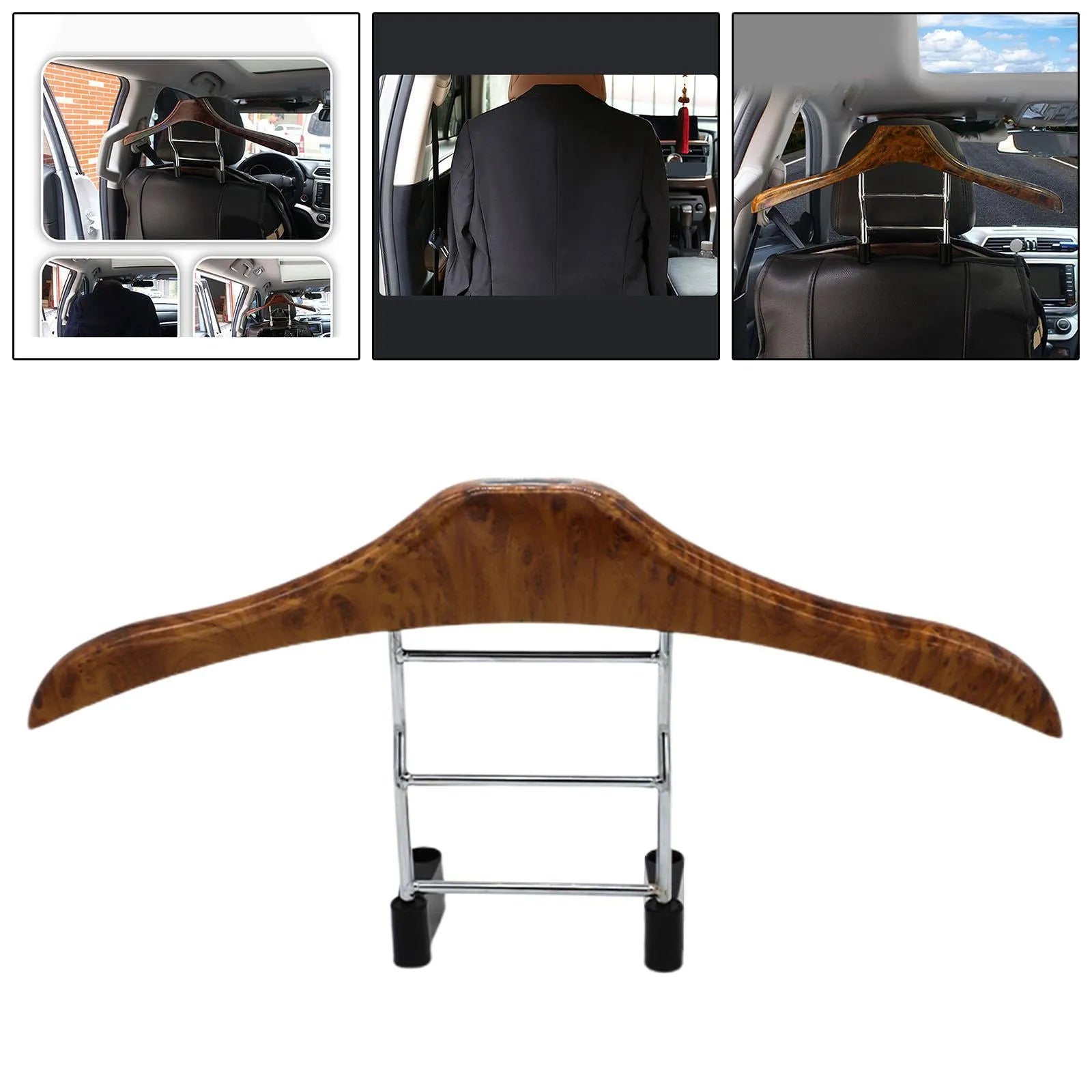 Wood yellow stainless steel car clothes hanger for suits and shirts, showing detachable design.
