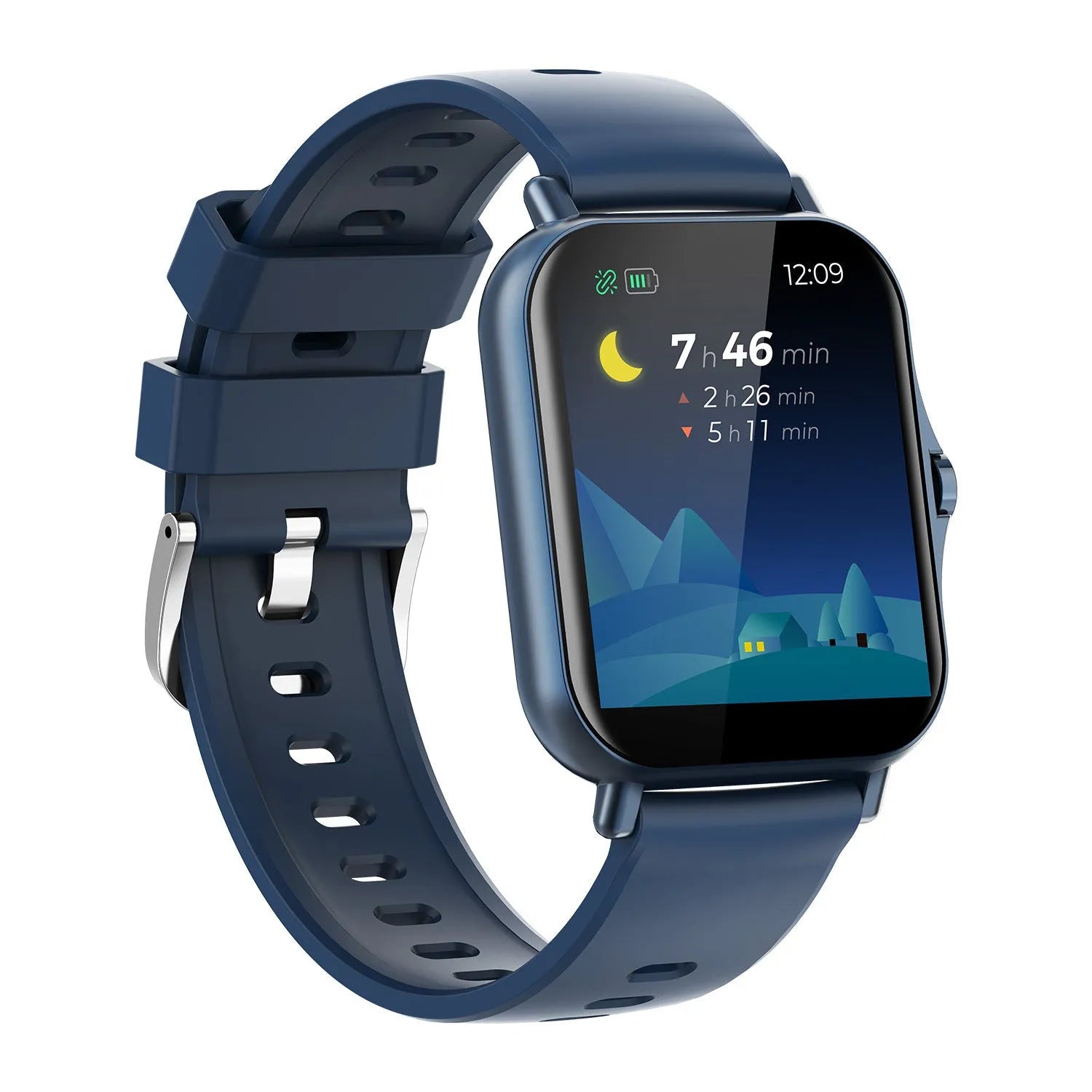 Smart watch with curved touch screen displaying heart rate, available in blue, black, gold, and silver colours