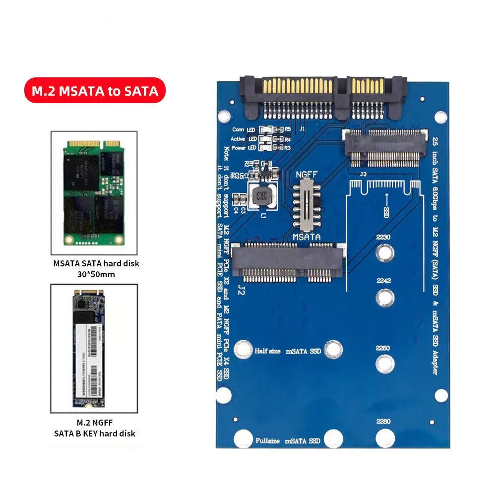 Black SATA3 to M2 NGFF MSATA SSD conversion adapter card with connectors