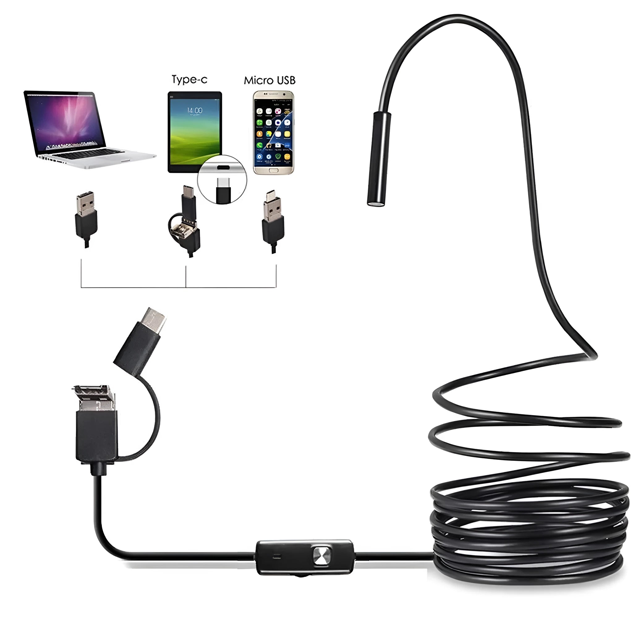 Three-in-one USB endoscope for Android phones with flexible cable and IP67 waterproof rating