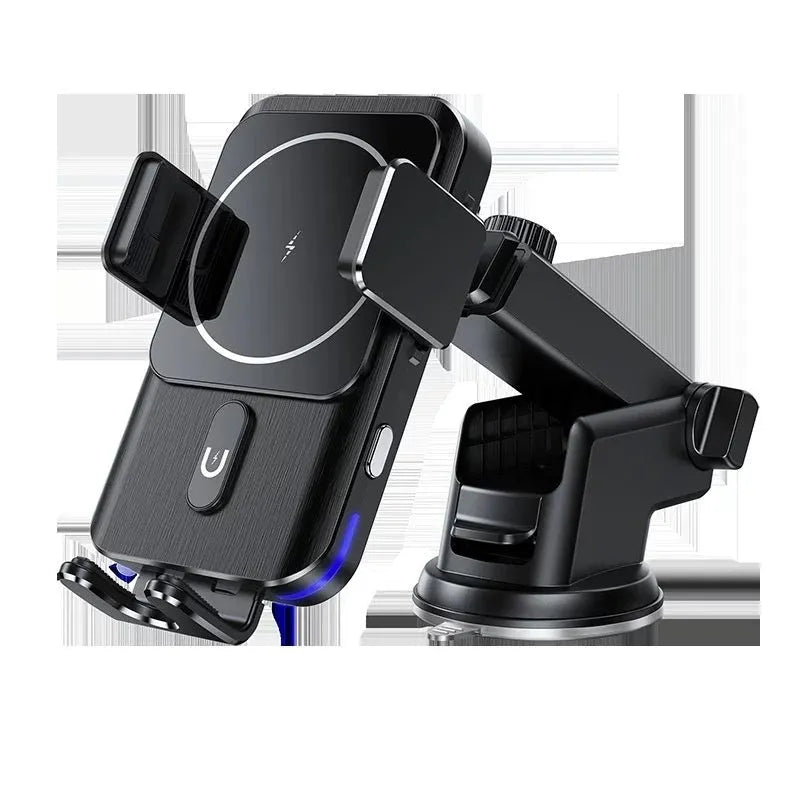 Black car wireless charger phone holder with 15W charging and dual mounting options