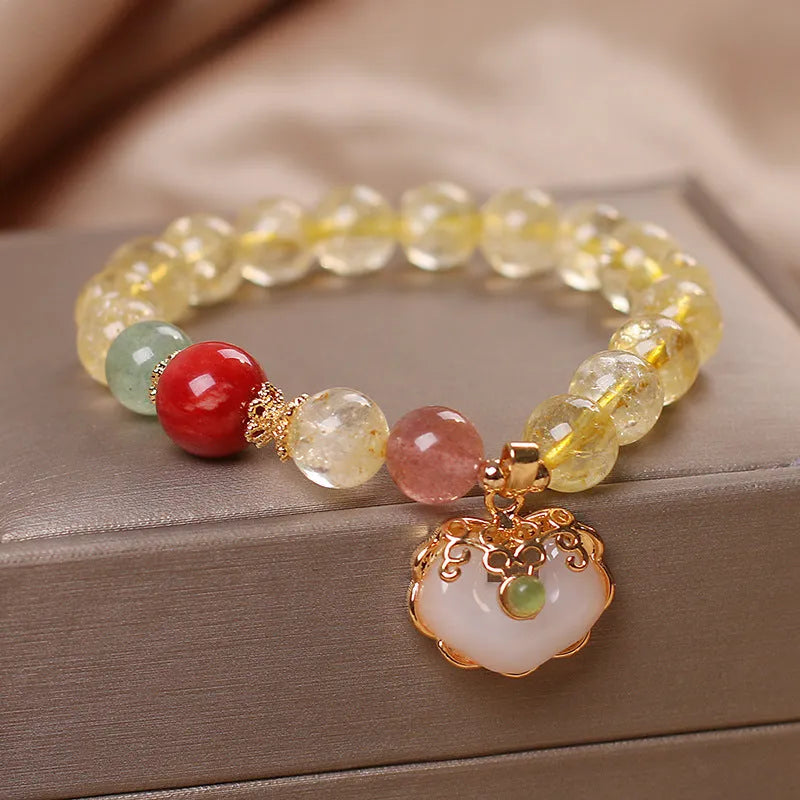 Women's bracelet with natural citrine jade ruyi pendant in yellow hair crystal on alloy chain