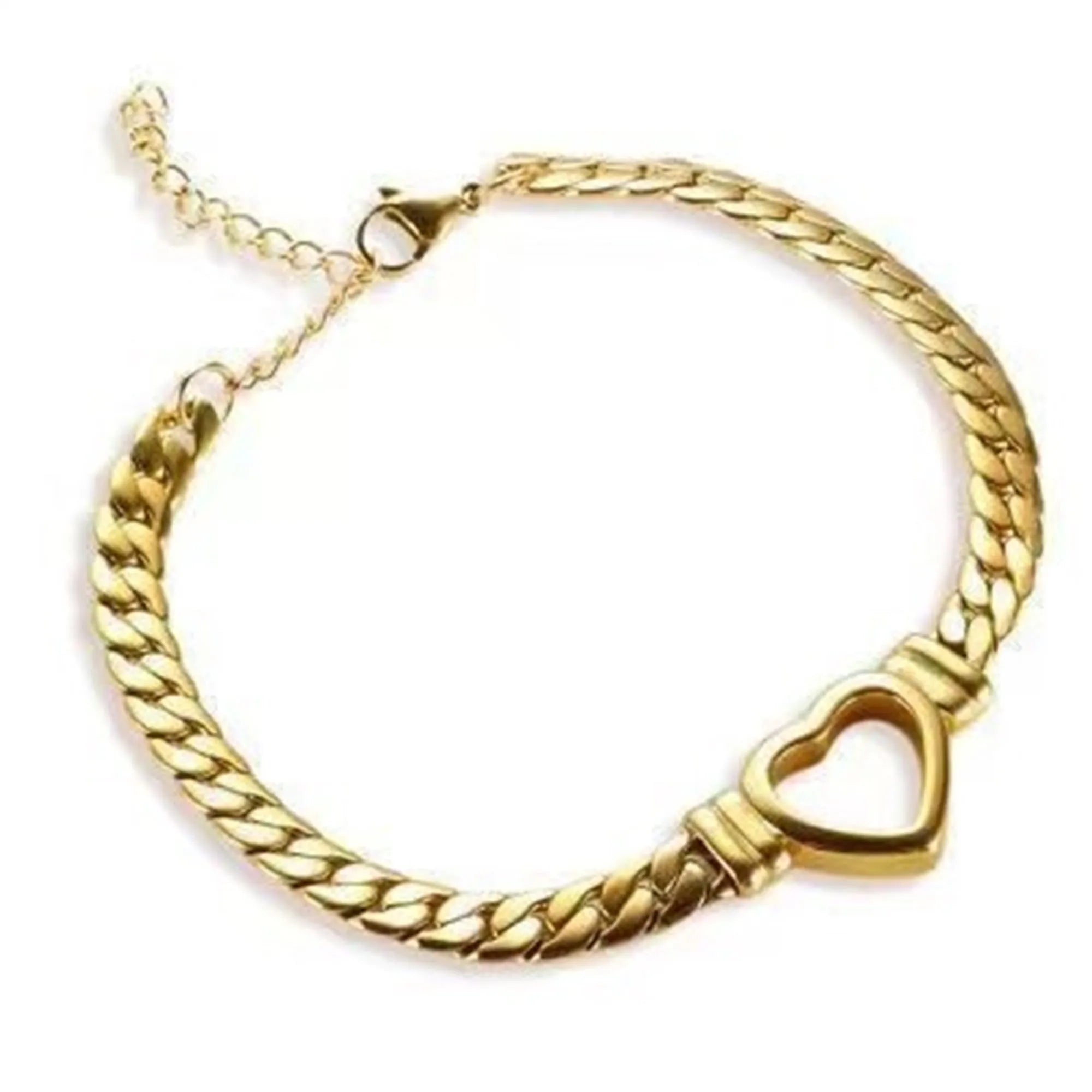 Gold personalised love chain necklace bracelet set with heart pendant on Cuban chain