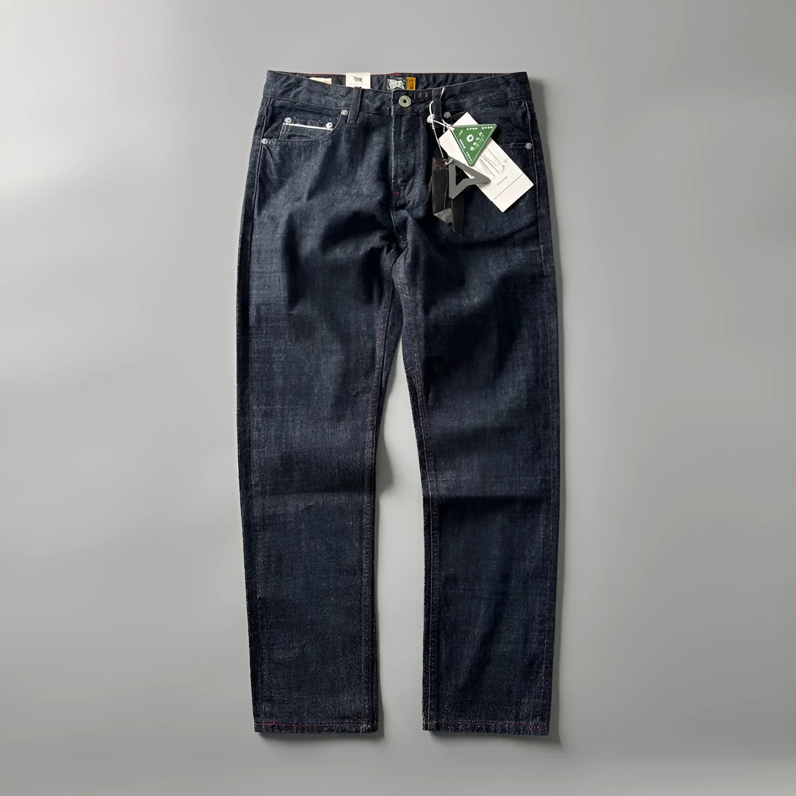 Men's primary colour straight leg jeans with a five-pocket design and mid-rise waist.
