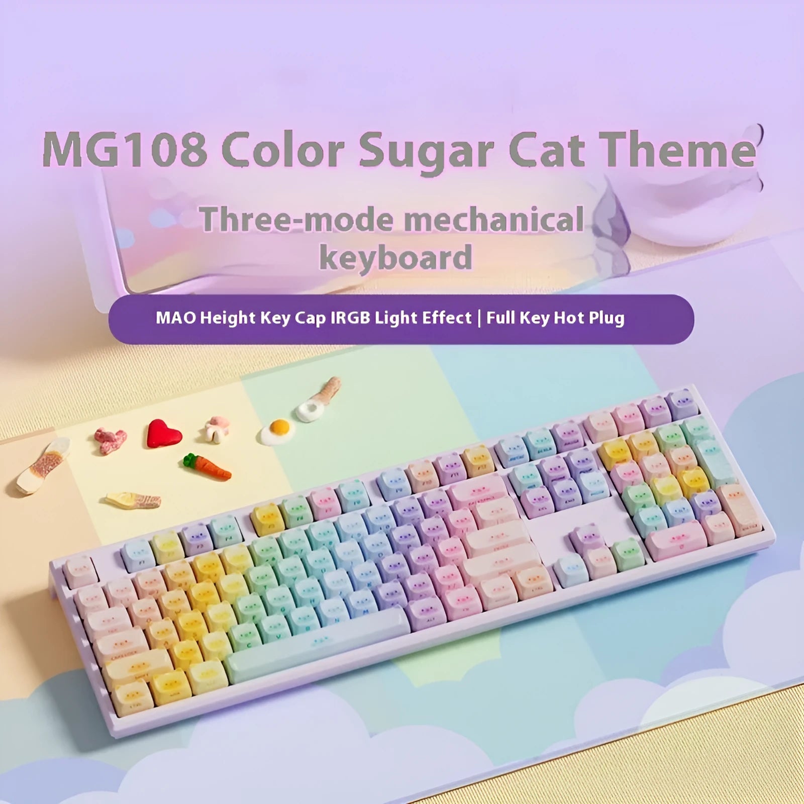 Coloured sugar cat theme Bluetooth mechanical keyboard with 108 keys and piano shaft switches