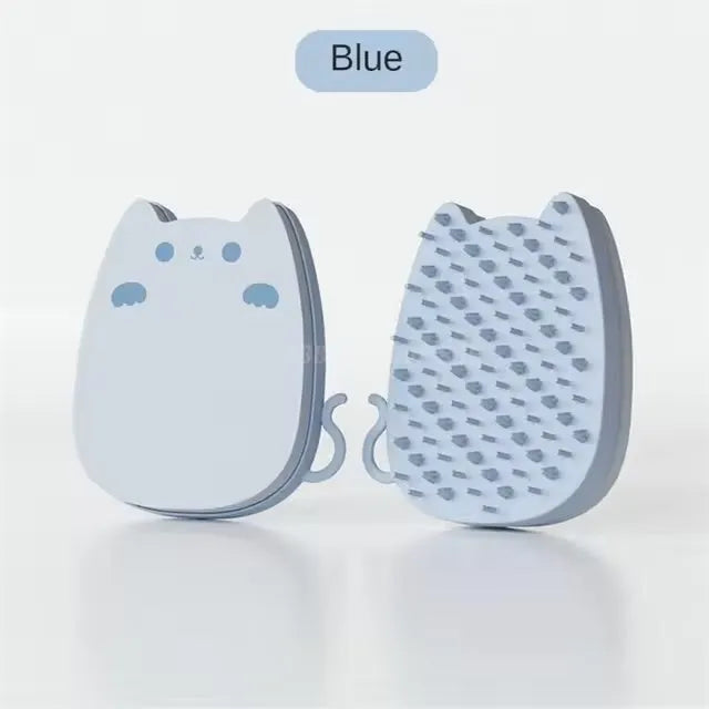 Blue silicone pet grooming comb with dual texture bristles for cat and dog hair removal