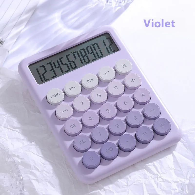 Desktop calculator with gradient colour options including violet, pink, blue and mint green