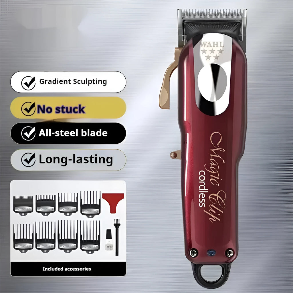 Cordless charging hair clippers set with stainless steel cutter head and EU UK US plug adapters.