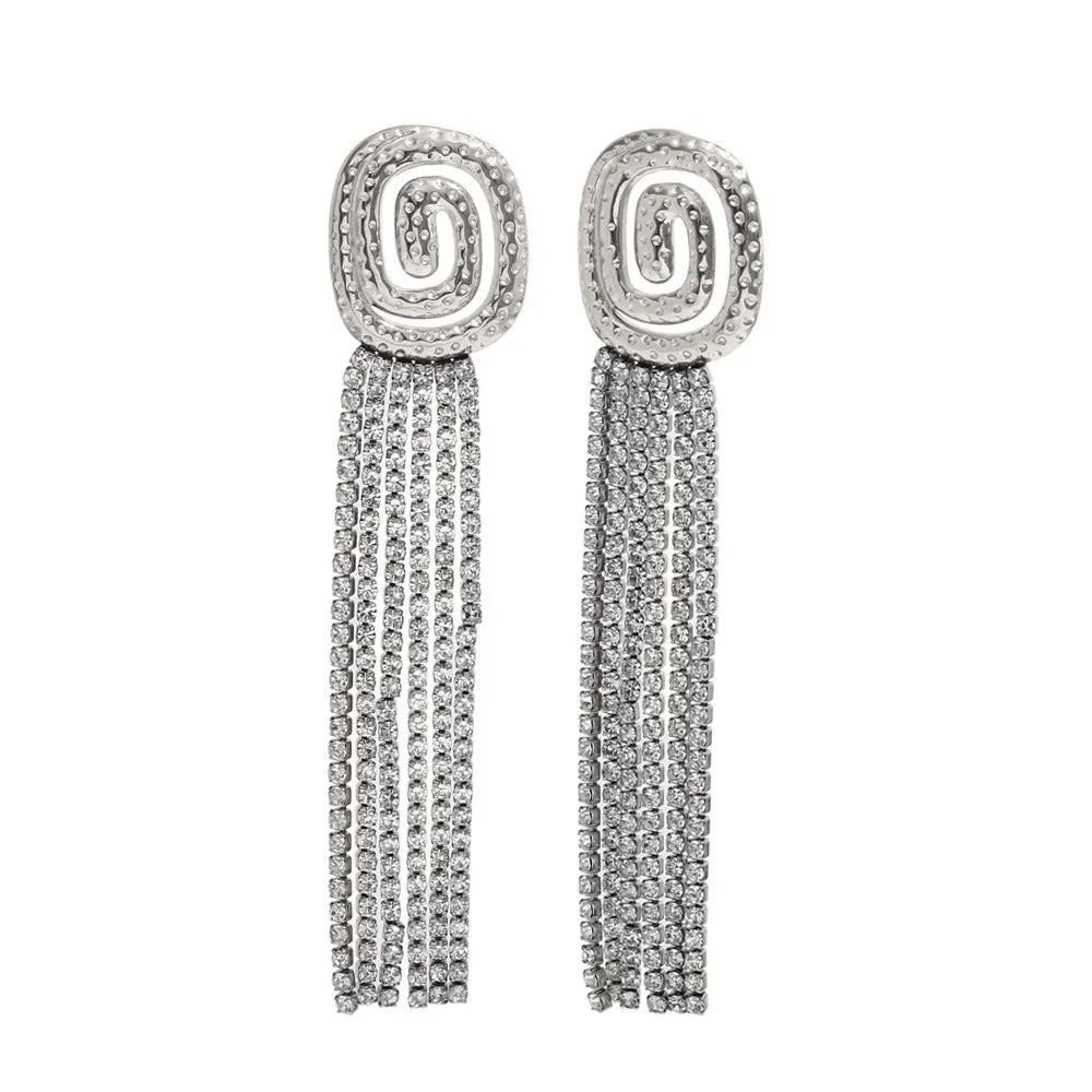 Full rhinestone tassel stud earrings in gold colour made from stainless steel with electroplated finish