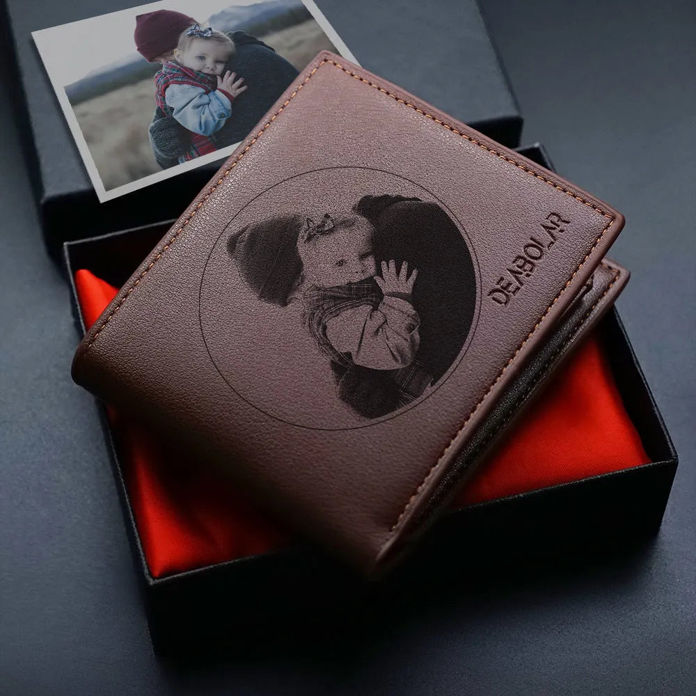 Men's leather wallet with zipper closure, individually packaged for gifting.