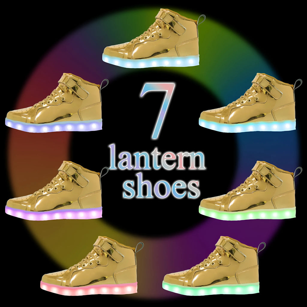 Rechargeable LED light-up high-top board shoes with Velcro closure in black, gold, and white colours