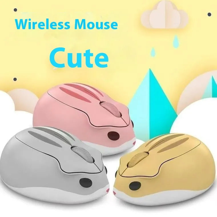 Hamster Wireless Mute Mouse in yellow, pink, and gray colour options, showing its compact size.