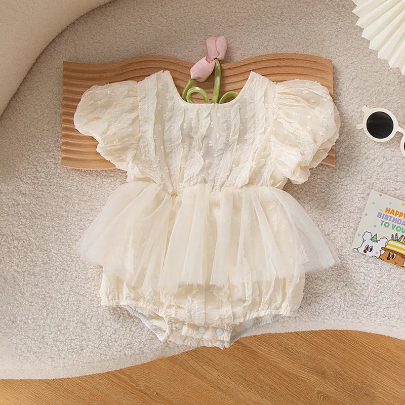 Baby triangle jumpsuit romper in apricot with pullover style and short sleeves