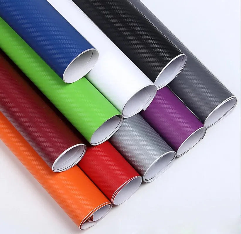 Roll of 3D textured carbon fibre sticker in multiple colours for car interior and exterior decoration.