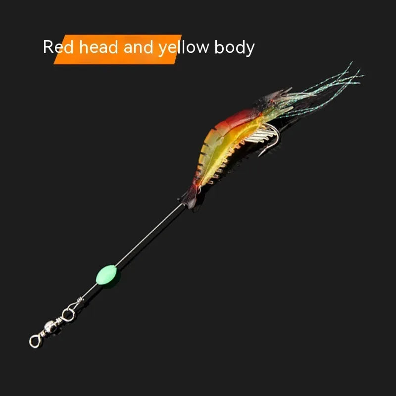 Six soft fishing lures with integrated hooks in colours including black head yellow body and luminous options