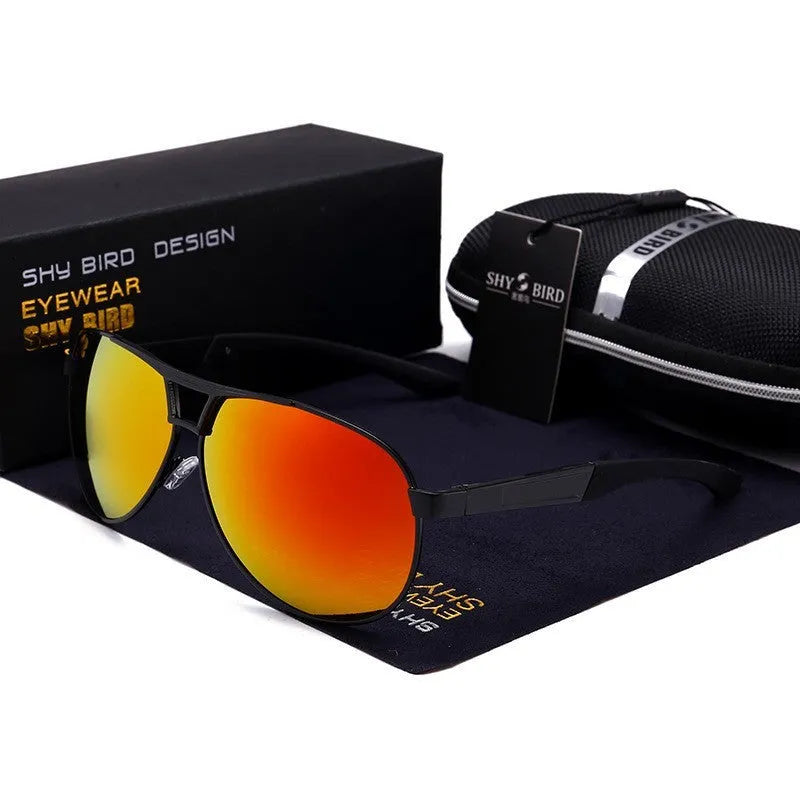 Men's orange red aviator sunglasses with polarised HD TAC lenses and a metal frame