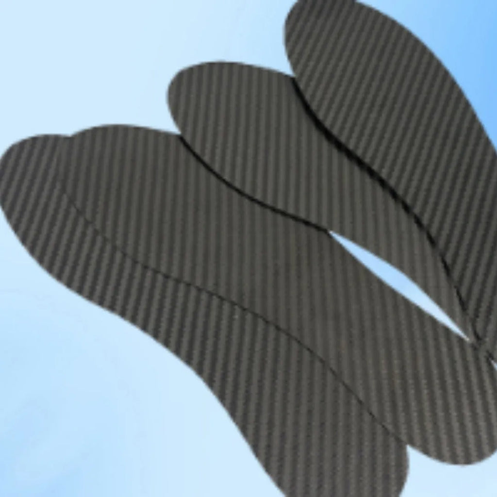 Black 3K carbon fibre running shoe insoles shown in three thickness options: 0.8mm, 1.0mm, and 1.2mm.
