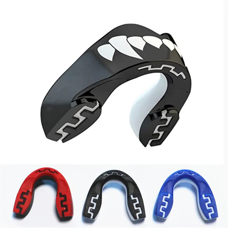Adult boxing mouthguard with tooth socket design and printed teeth pattern in three colour options