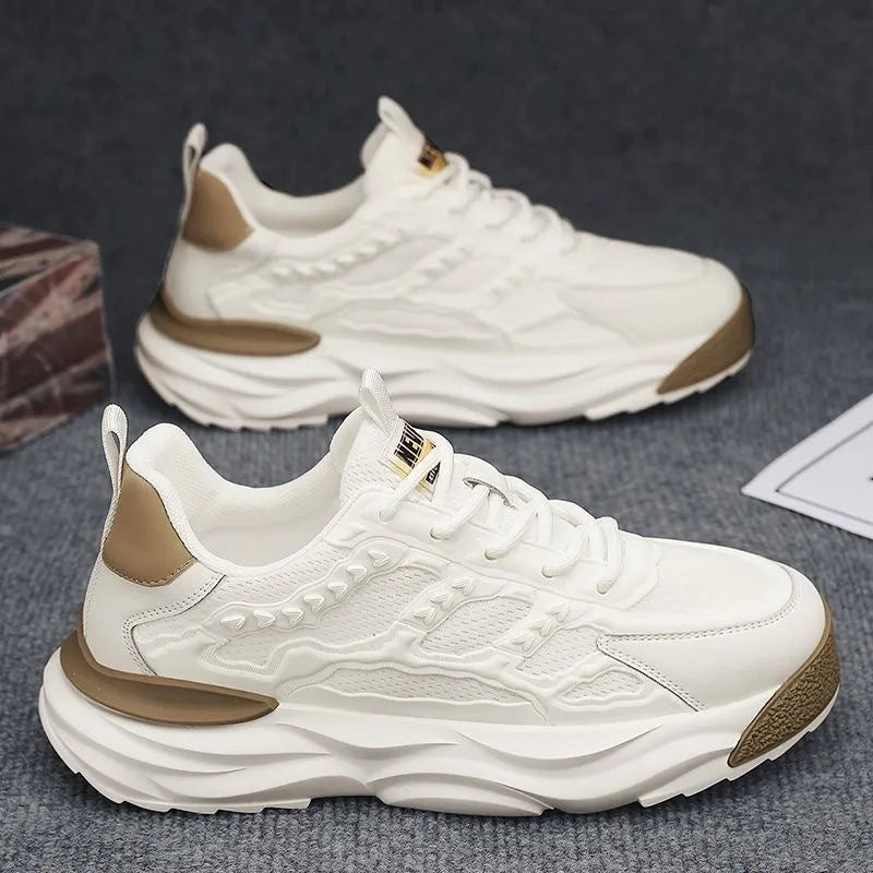 Men's white and black mesh casual shoes with round toe and breathable PU upper