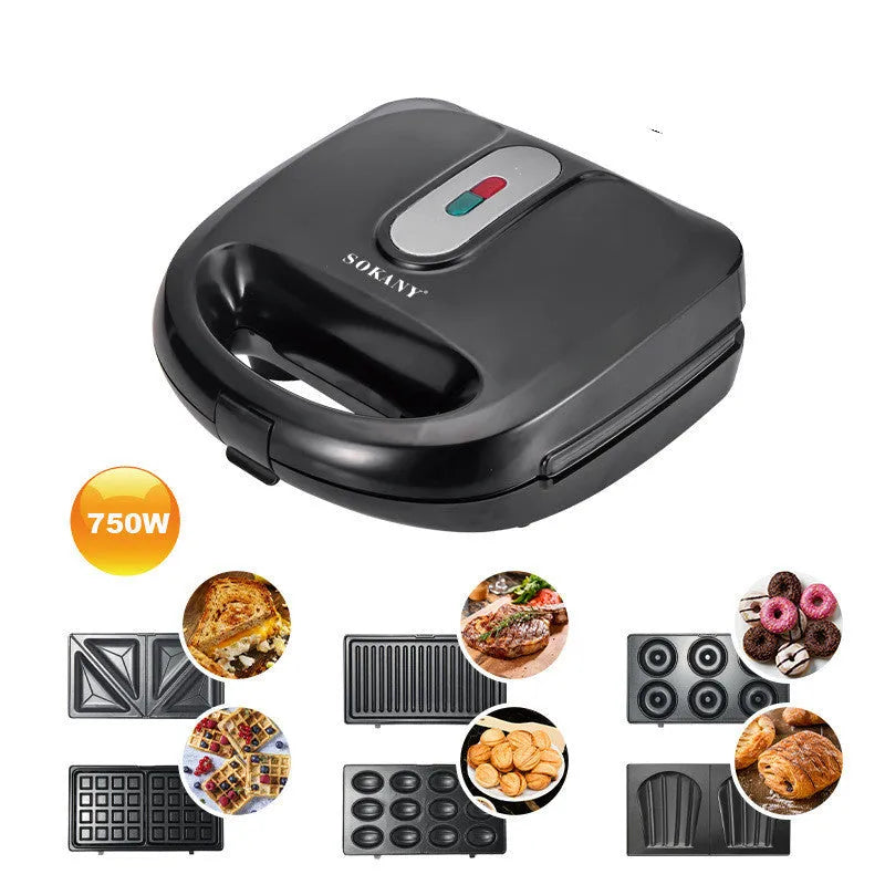 Black electric sandwich pan with double-sided heating, non-stick coating, and brushed stainless steel top cover