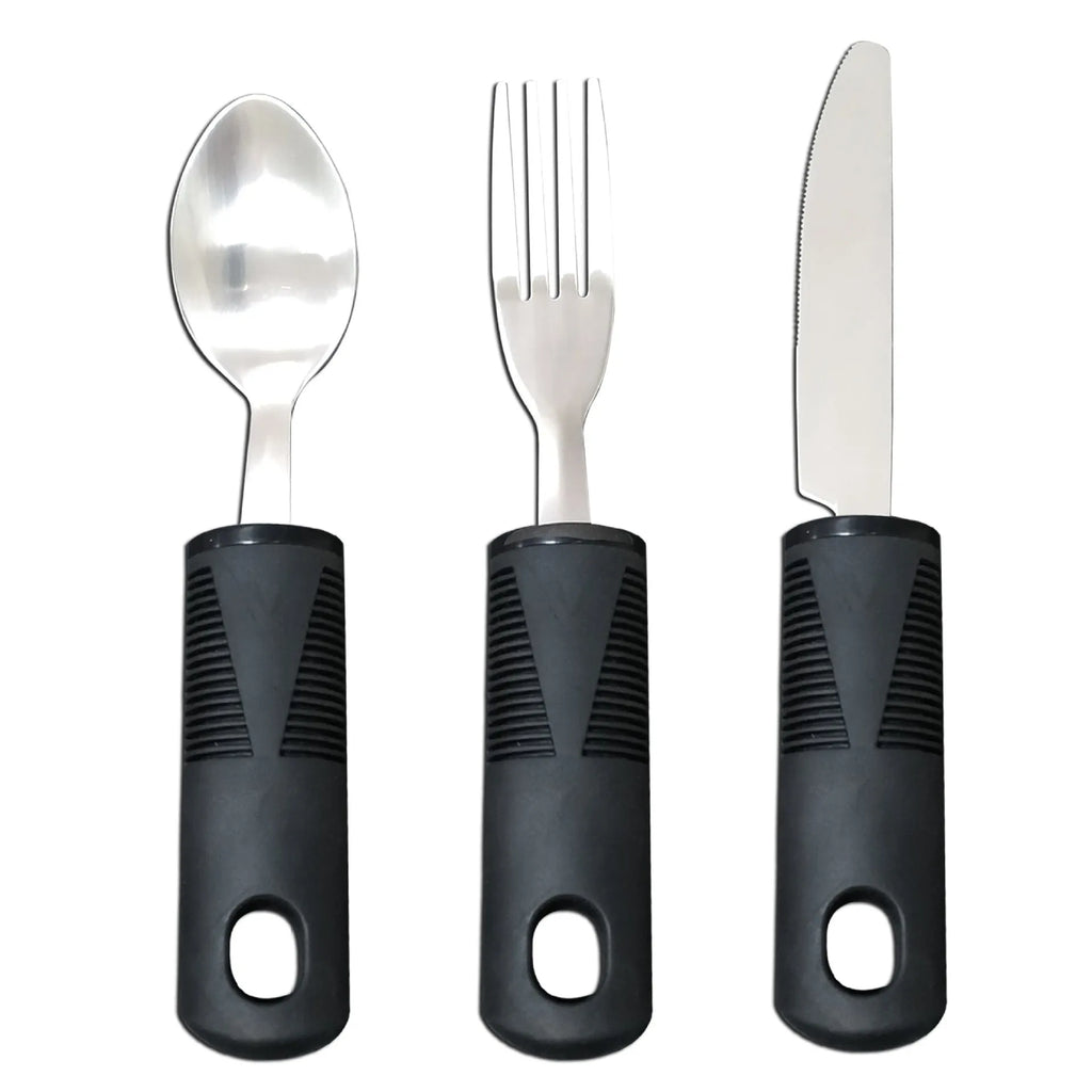 Stainless steel adaptive tableware with rubber handle grips for elderly eating assistance