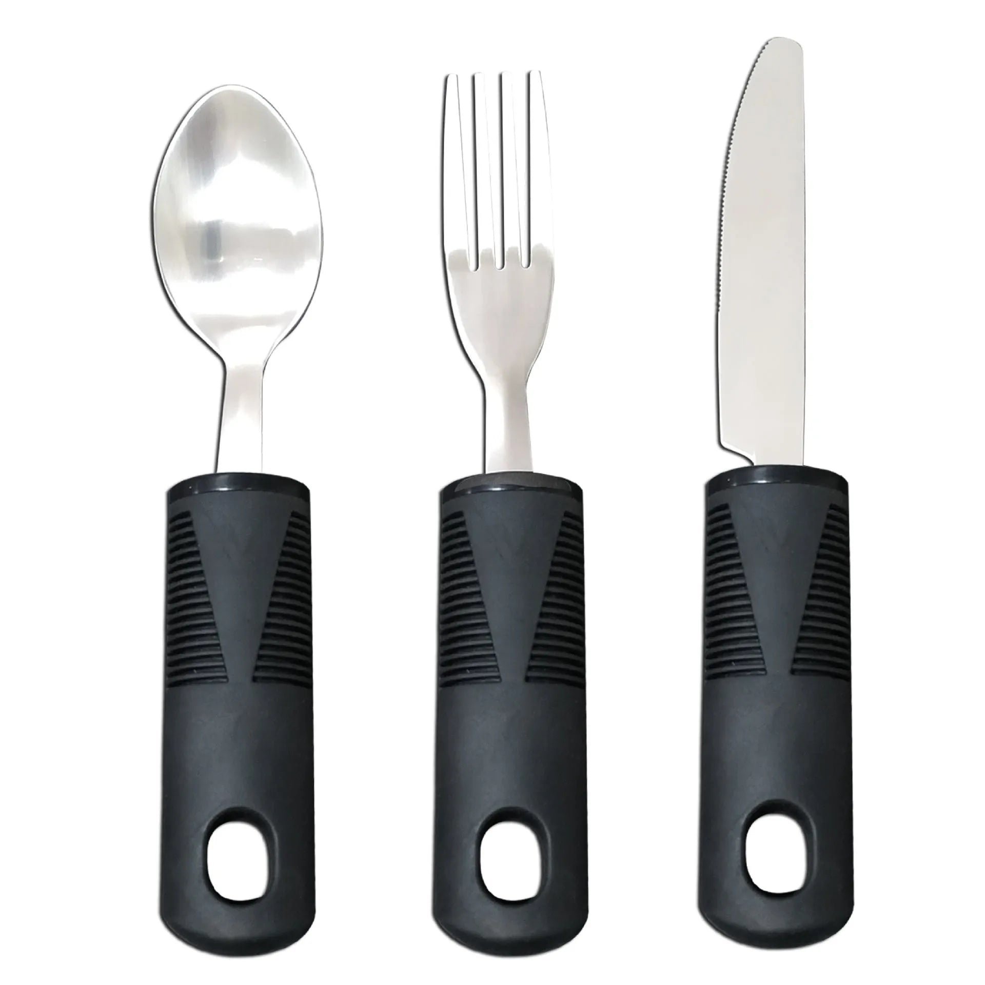 Stainless steel adaptive tableware with rubber handle grips for elderly eating assistance