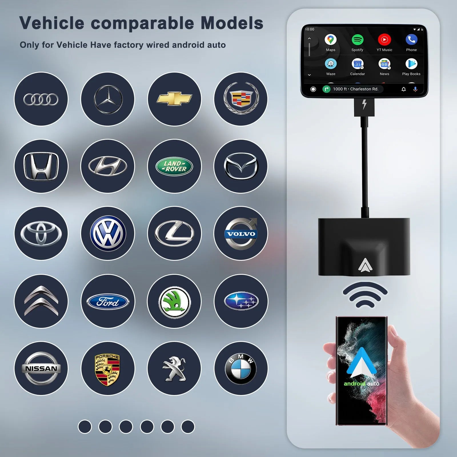 Wireless Android Auto adaptor for cars, shown in black, next to a car USB port.