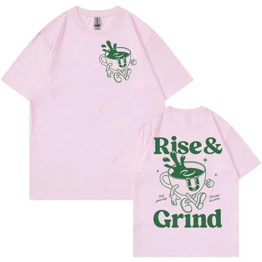Rise And Grind green coffee cartoon print on a loose-fit linen T-shirt in khaki colour