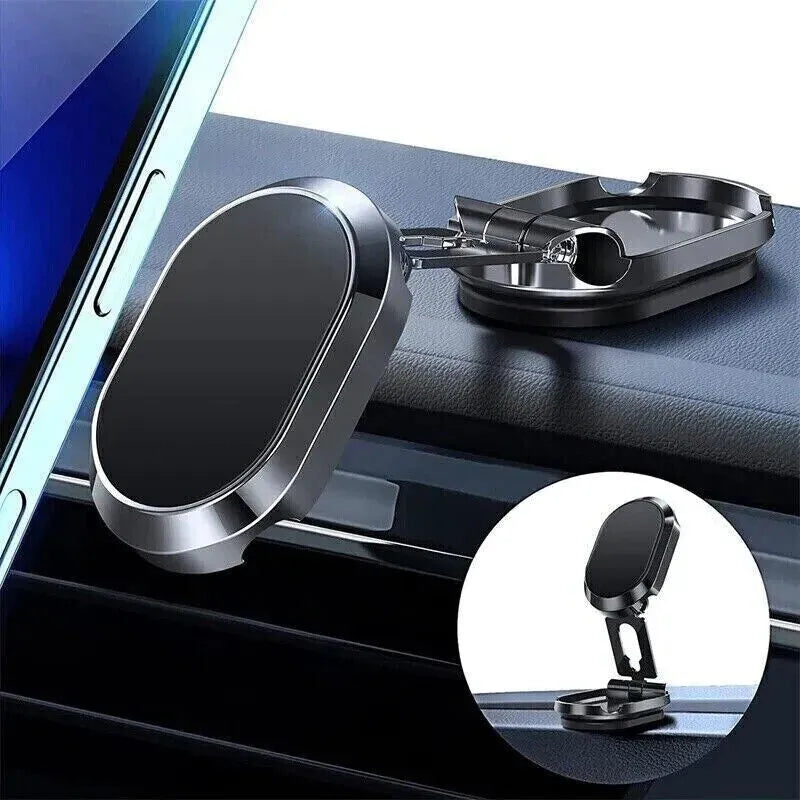 Chrome alloy folding magnetic car phone holder showing extended and folded positions on dashboard