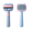 Blue and green double-sided pet grooming brush with deshedding rake and dematting comb.