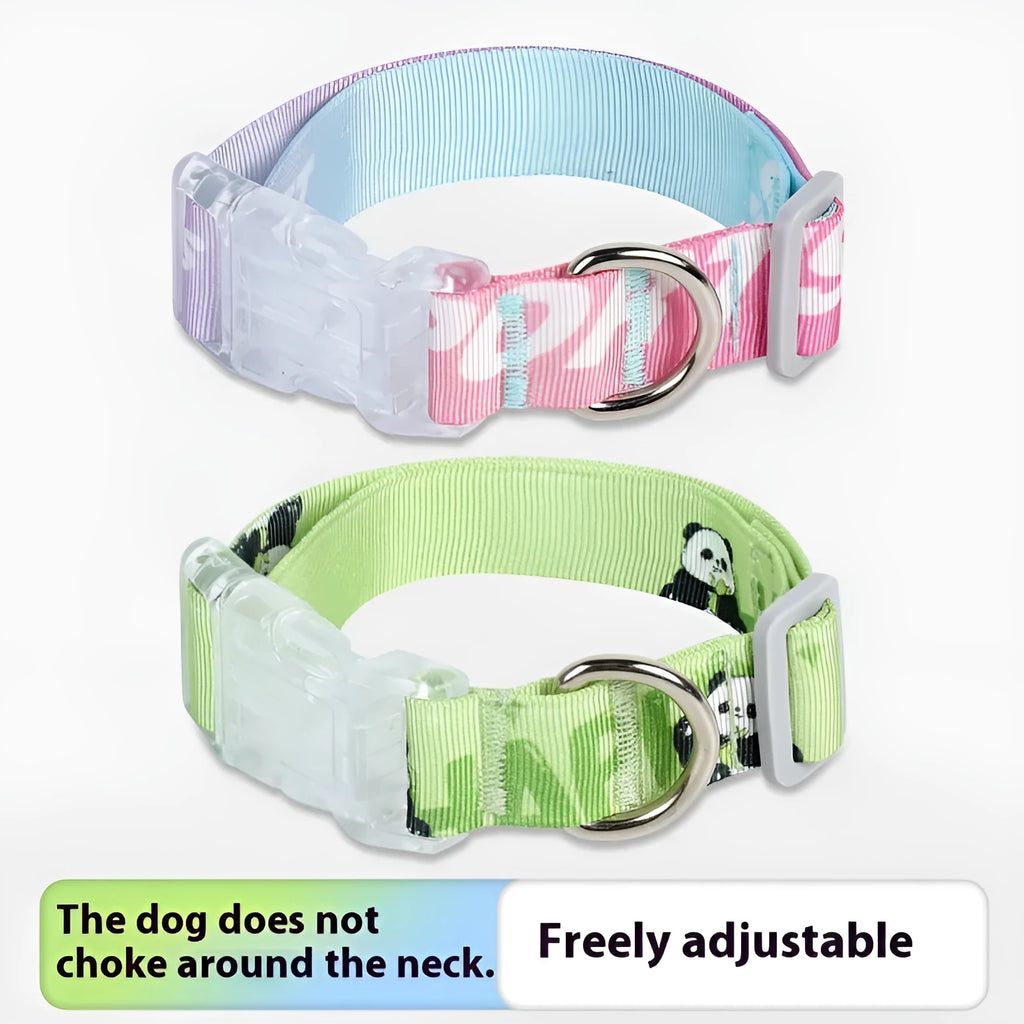 Adjustable nylon dog collar with cartoon gradient pattern in panda green colour, shown in S M L sizes