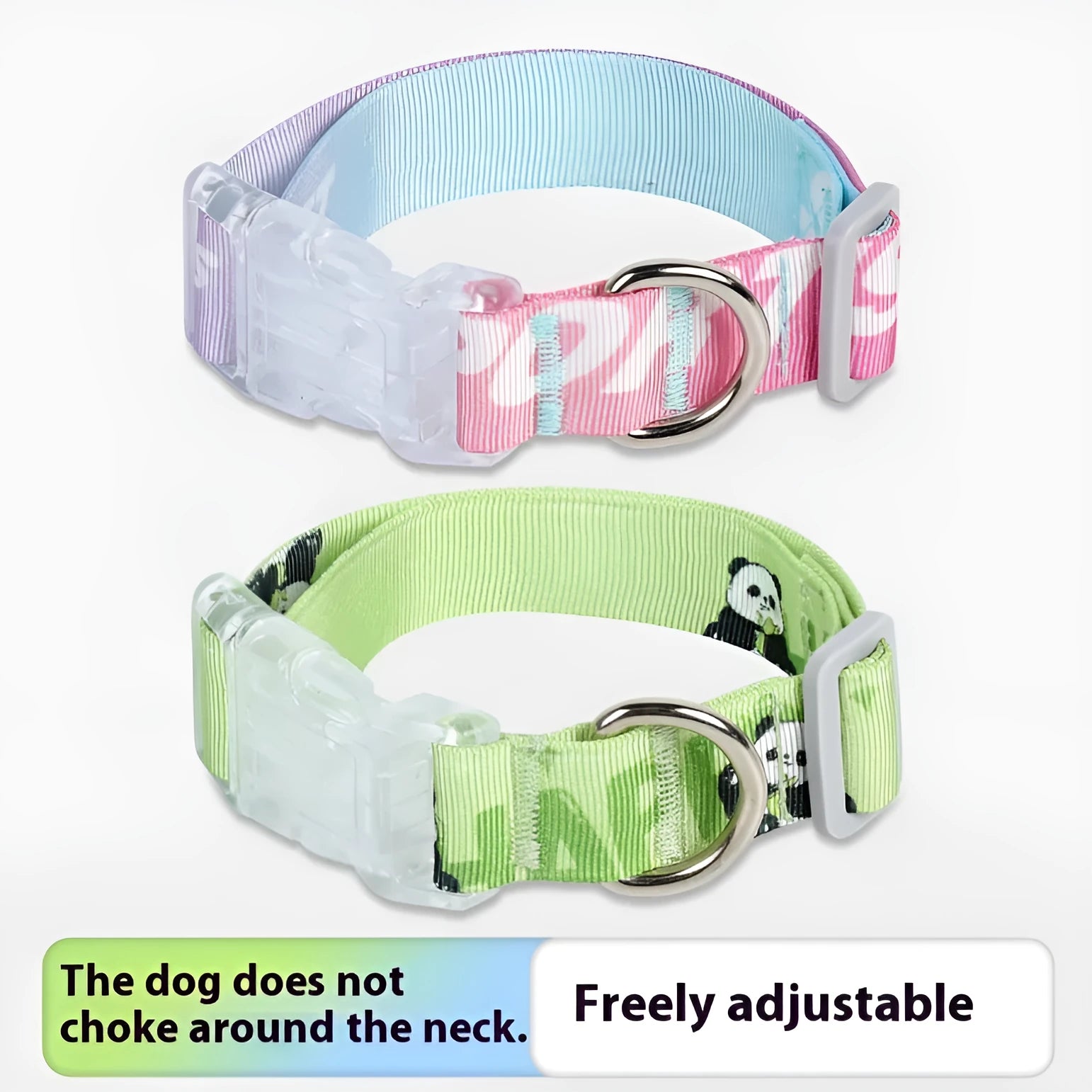 Adjustable nylon dog collar with cartoon gradient pattern in panda green colour, shown in S M L sizes