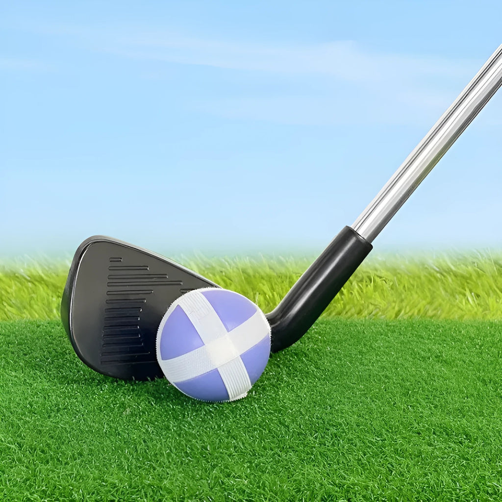 Metal golf club set showing adult and children's sized clubs for outdoor sports practice