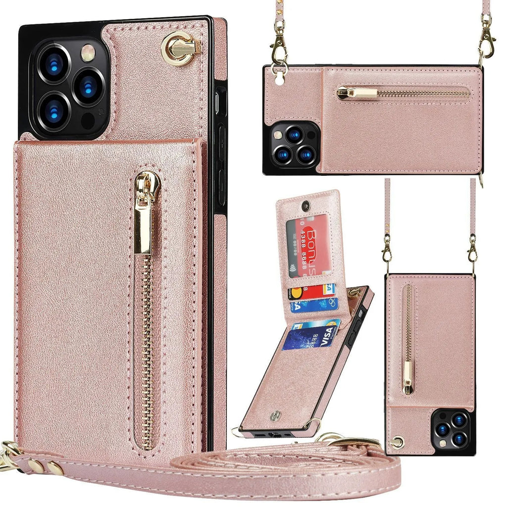 Leather and TPU mobile phone case in black, shown on a compatible smartphone.