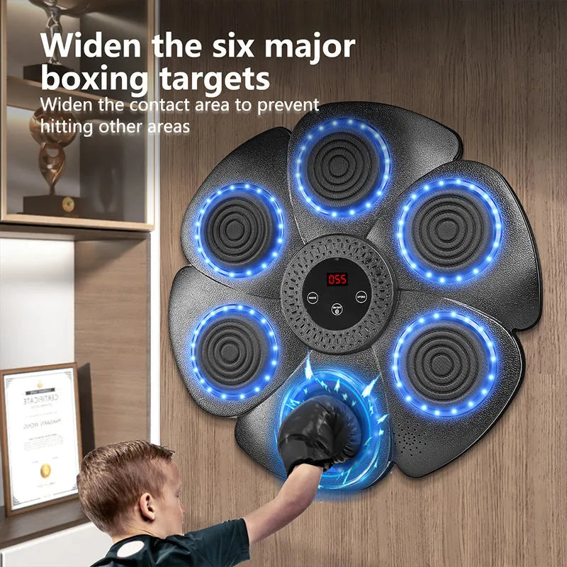 Smart music boxing machine with black plastic target, LED lights, and half-finger boxing gloves
