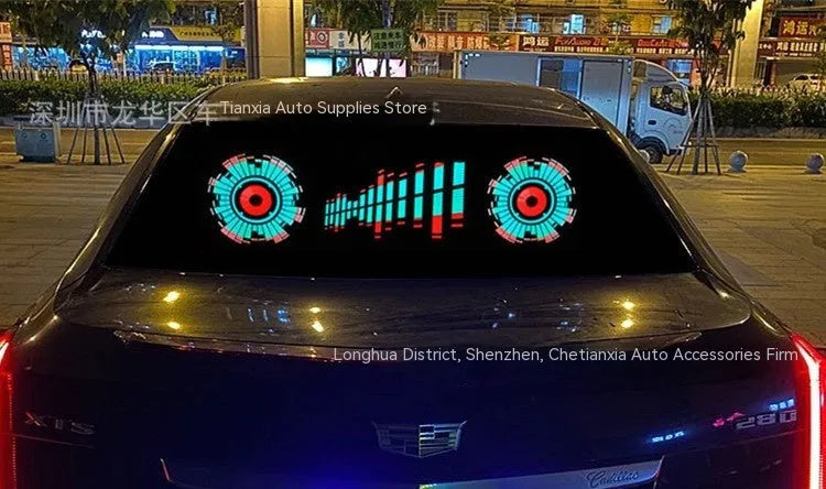 90 by 25 cm car voice control music rhythm lamp with electroluminescent panel lit up on a dashboard.