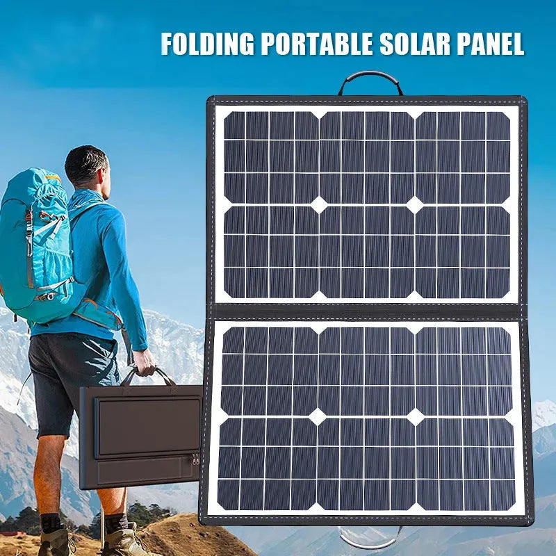 Black foldable 40W solar panel bag showing folded dimensions and monocrystalline cells