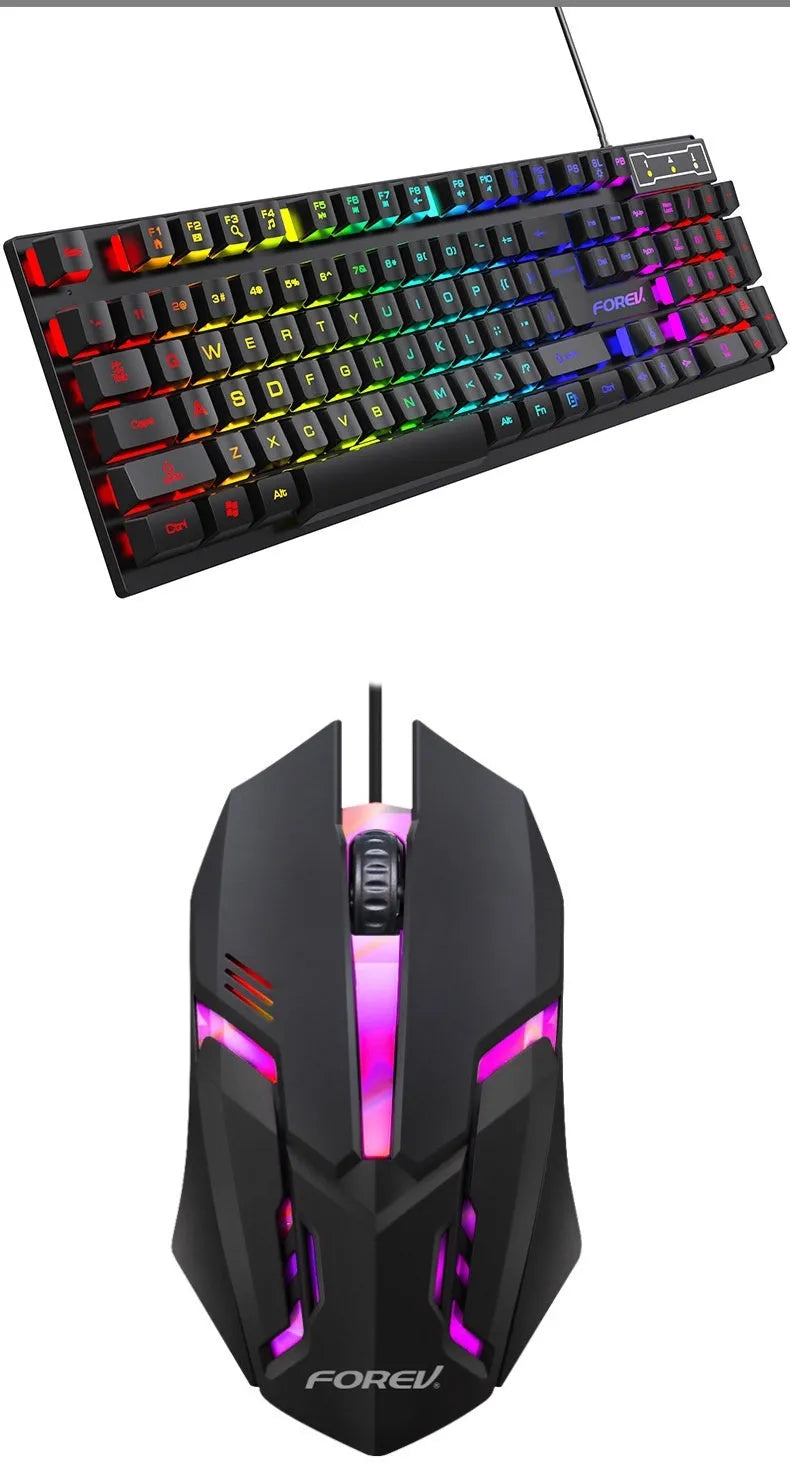 Black 104-key gaming keyboard with backlight and gaming mouse bundle on desktop