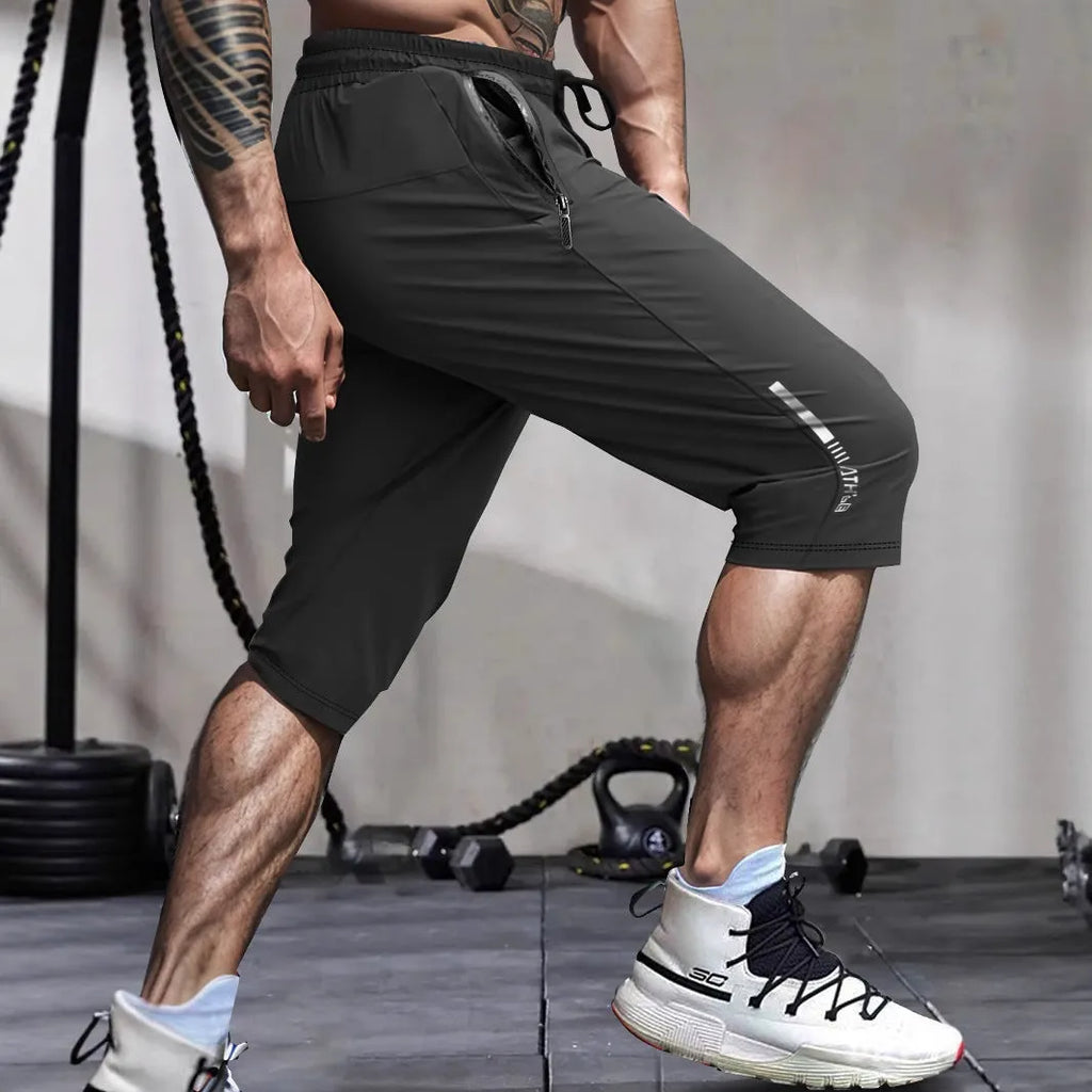 Men's ice silk nylon cropped sports casual pants in straight-leg design with high elasticity waistband